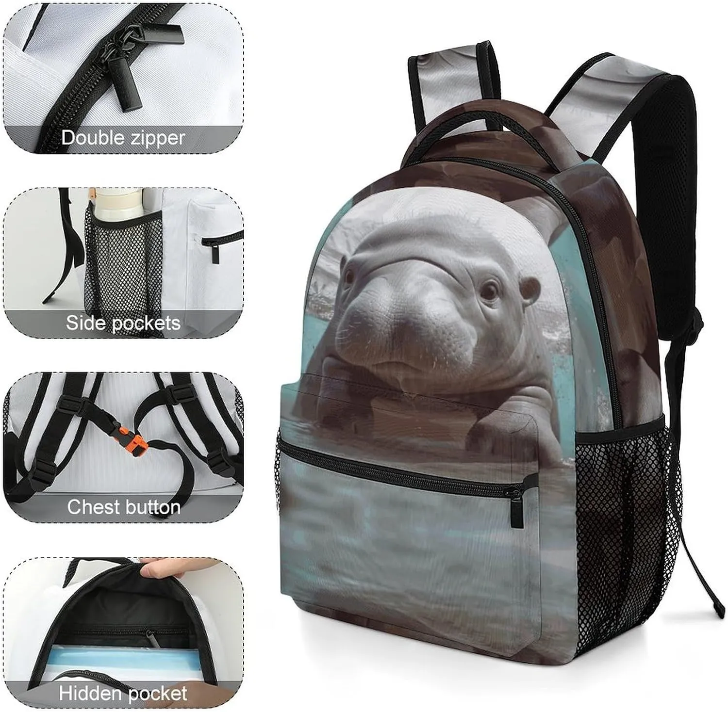 Small Backpacks Personalized Cute Hippo Printing Travel Bag Lightweight Travel Backpack For Women Men