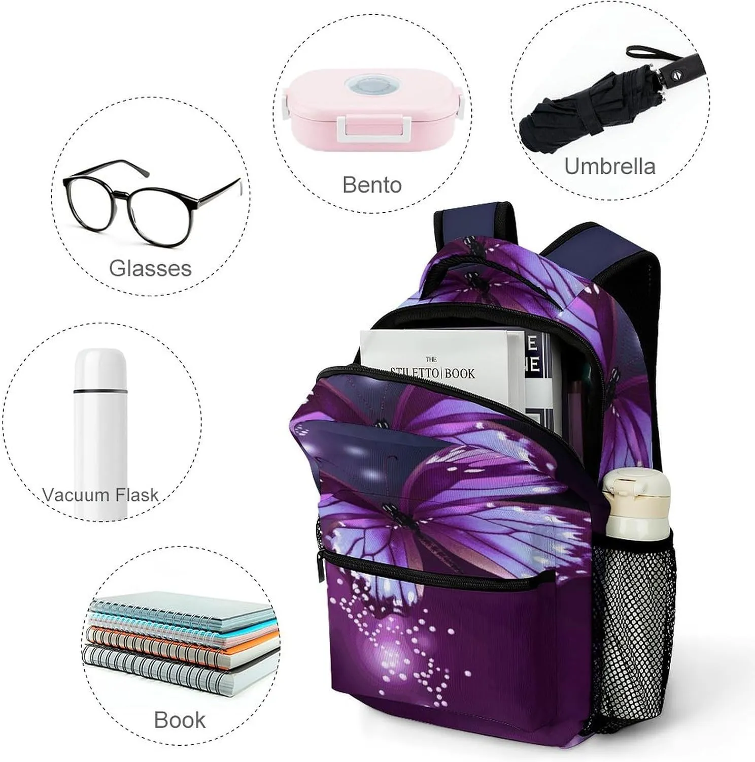 Small Backpacks Personalized Cute Purple Butterfly Printing Travel Bag Lightweight Travel Backpack For Women Men
