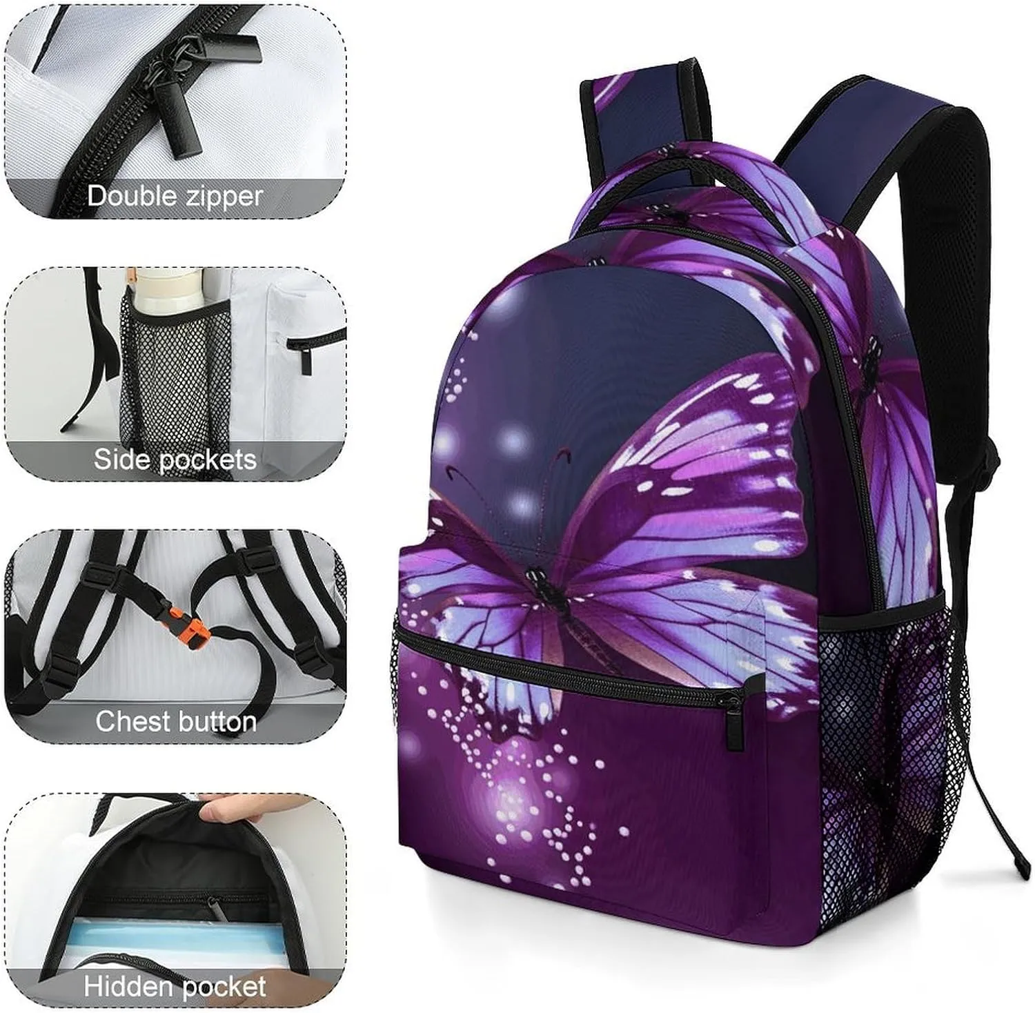Small Backpacks Personalized Cute Purple Butterfly Printing Travel Bag Lightweight Travel Backpack For Women Men