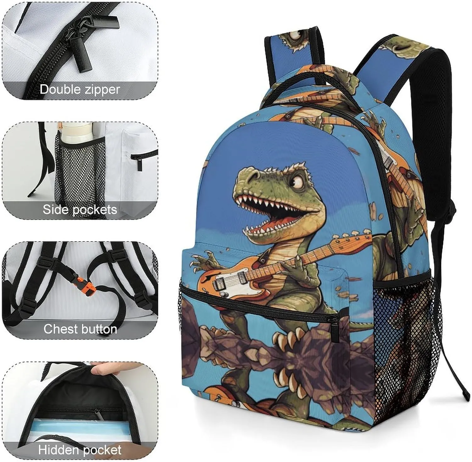 Small Backpacks Personalized Dinosaur Playing Guitar Printing Travel Bag Lightweight Travel Backpack For Women Men