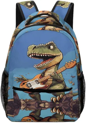 Small Backpacks Personalized Dinosaur Playing Guitar Printing Travel Bag Lightweight Travel Backpack For Women Men
