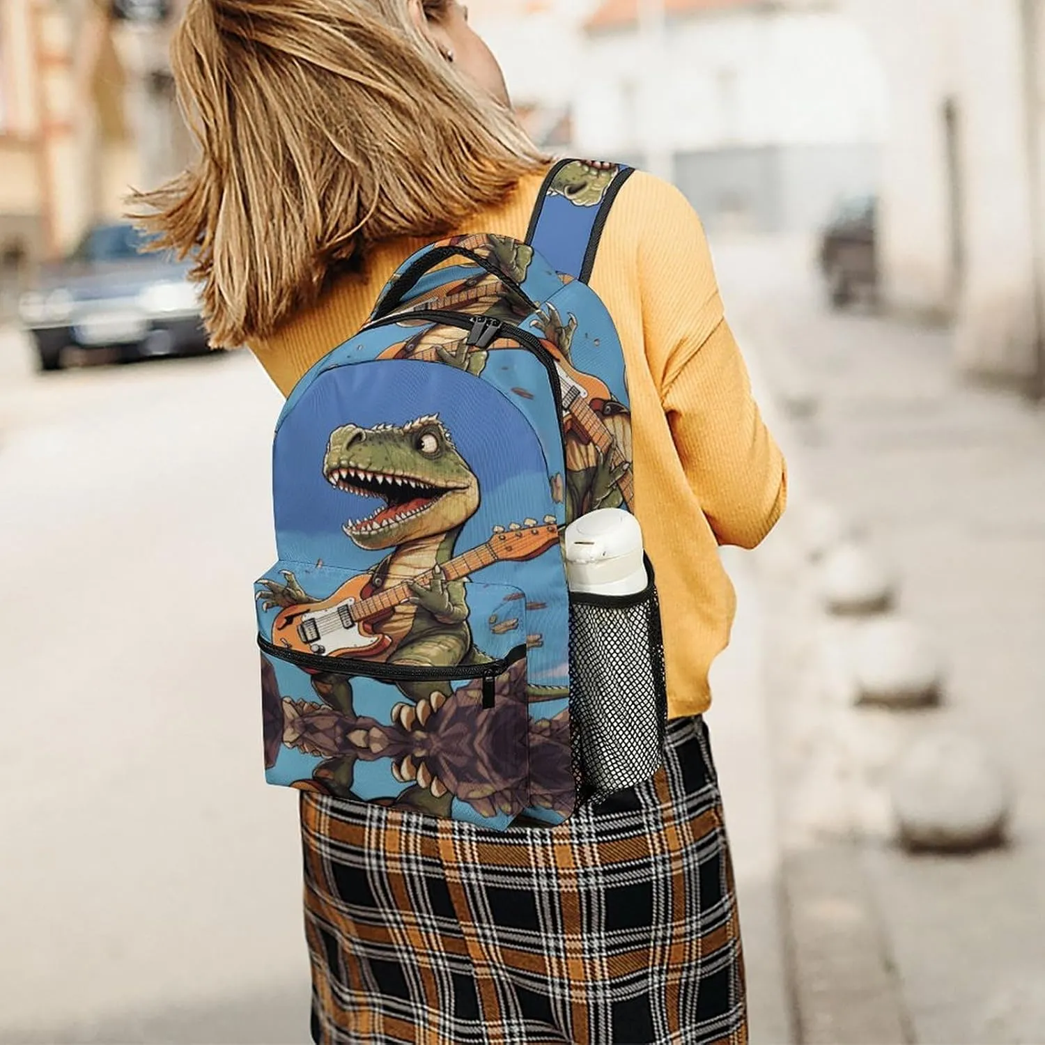 Small Backpacks Personalized Dinosaur Playing Guitar Printing Travel Bag Lightweight Travel Backpack For Women Men