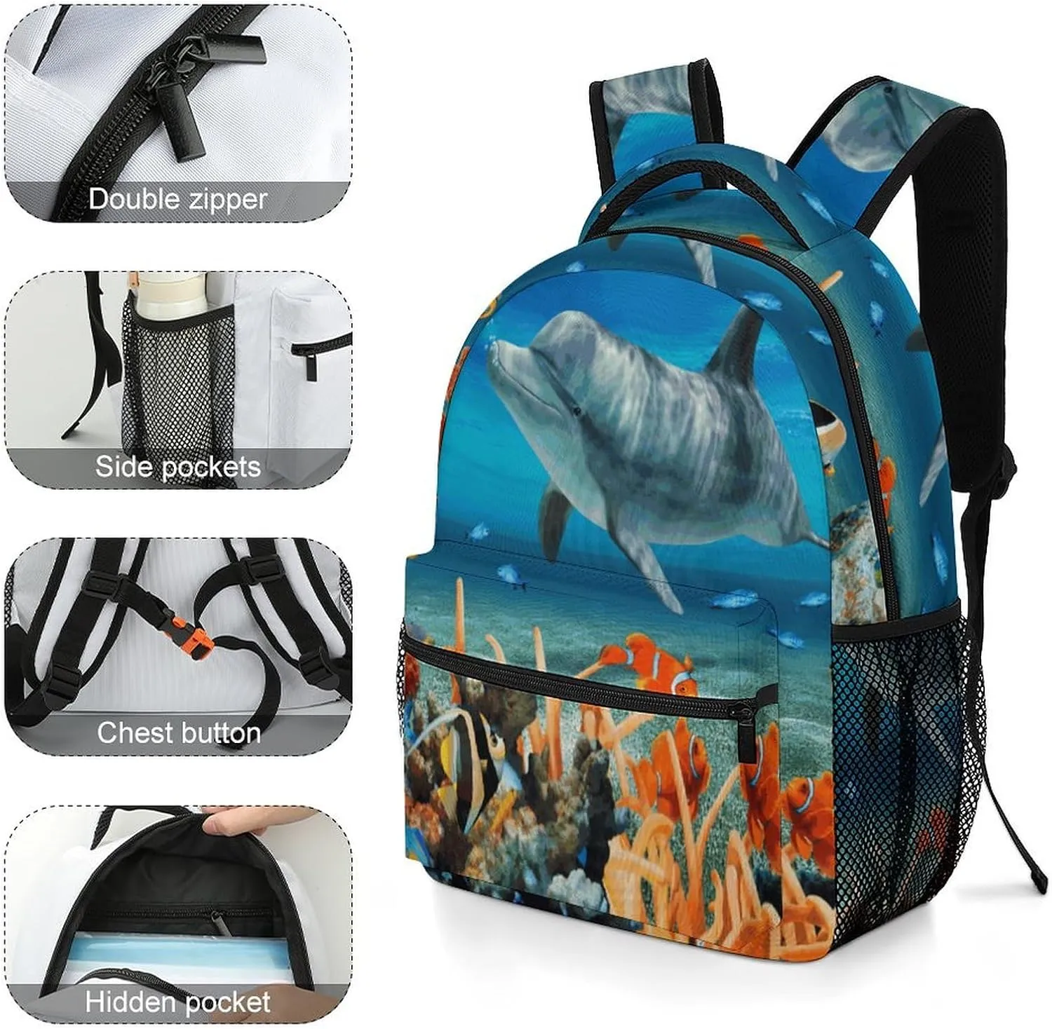 Small Backpacks Personalized Dolphins Blue Printing Travel Bag Lightweight Travel Backpack For Women Men