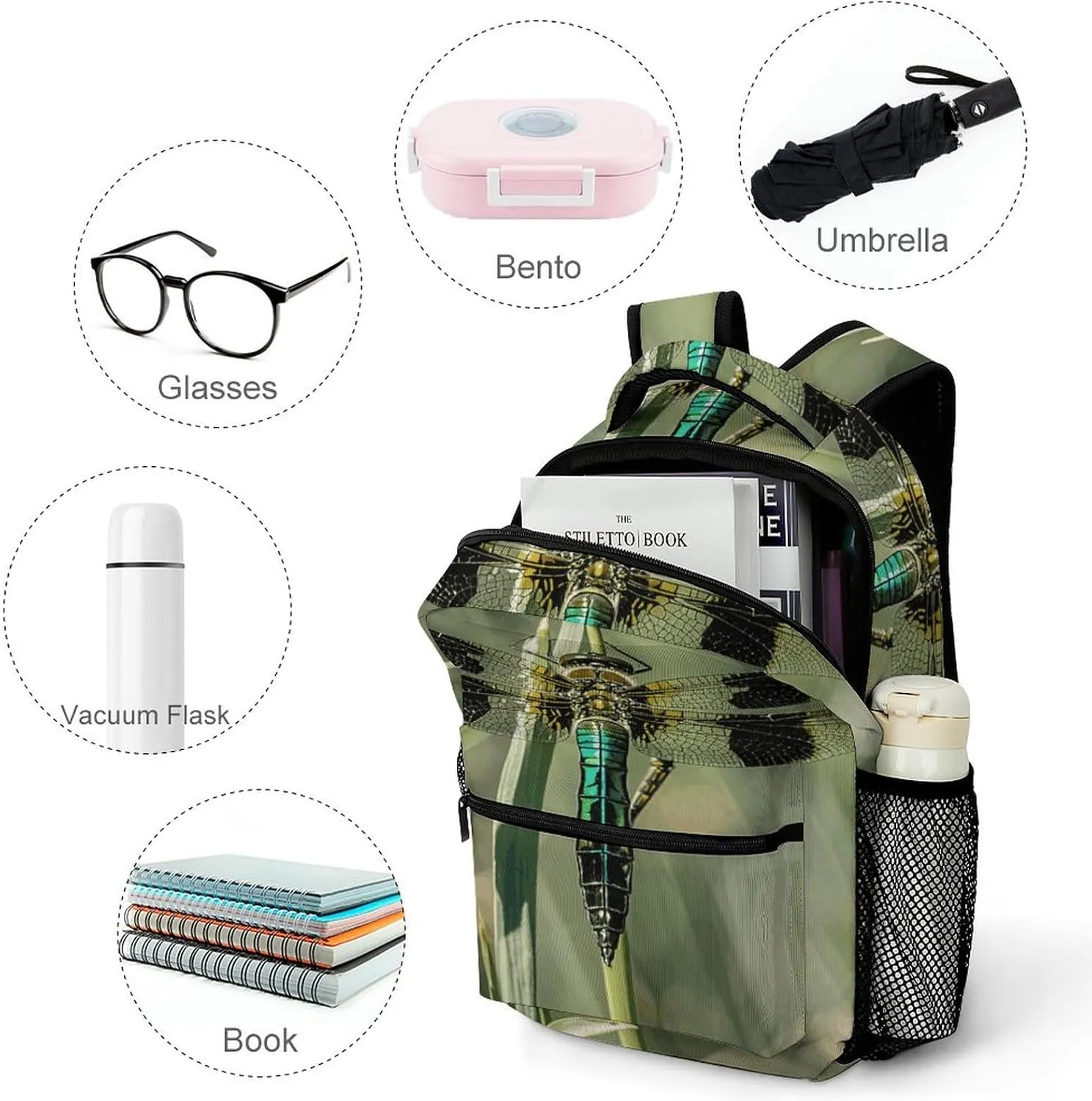 Small Backpacks Personalized Dragonfly Black Printing Travel Bag Lightweight Travel Backpack For Women Men