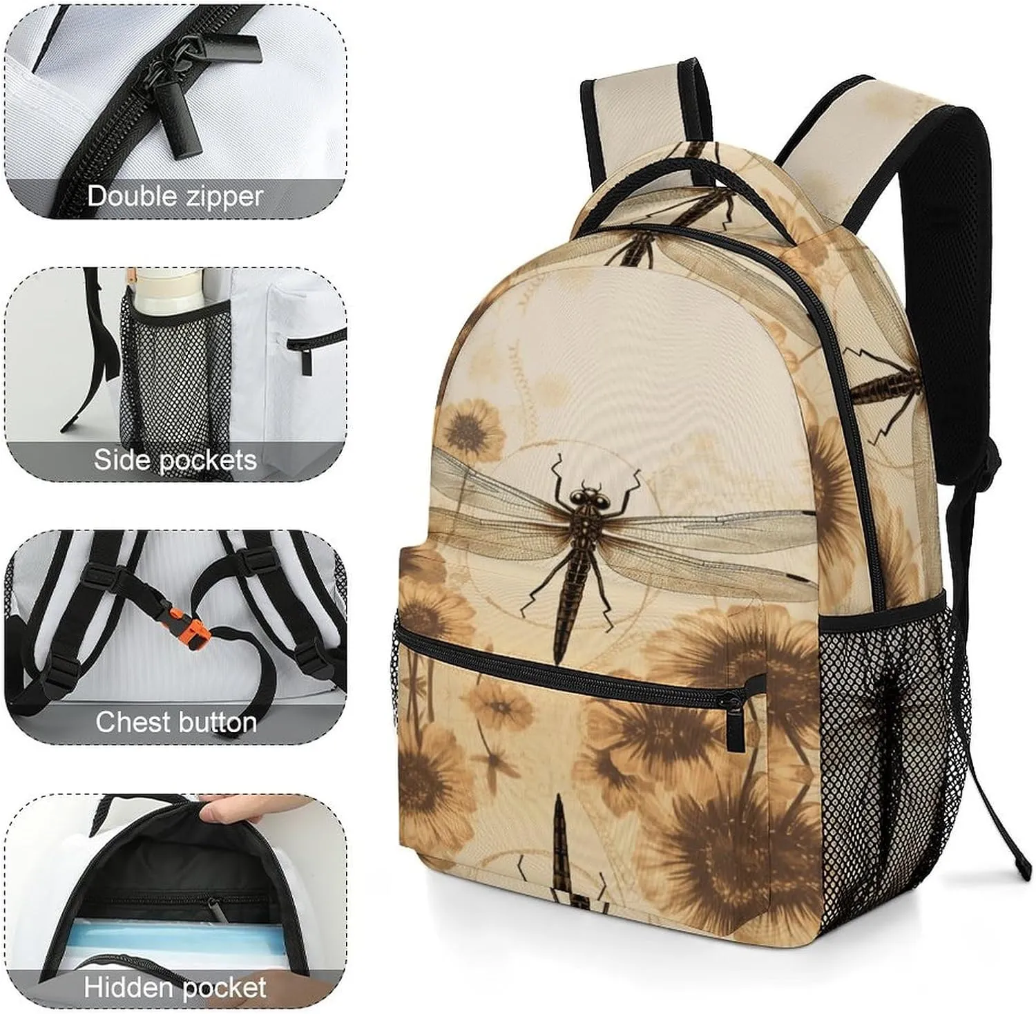 Small Backpacks Personalized Dragonfly on Sunflower Printing Travel Bag Lightweight Travel Backpack For Women Men