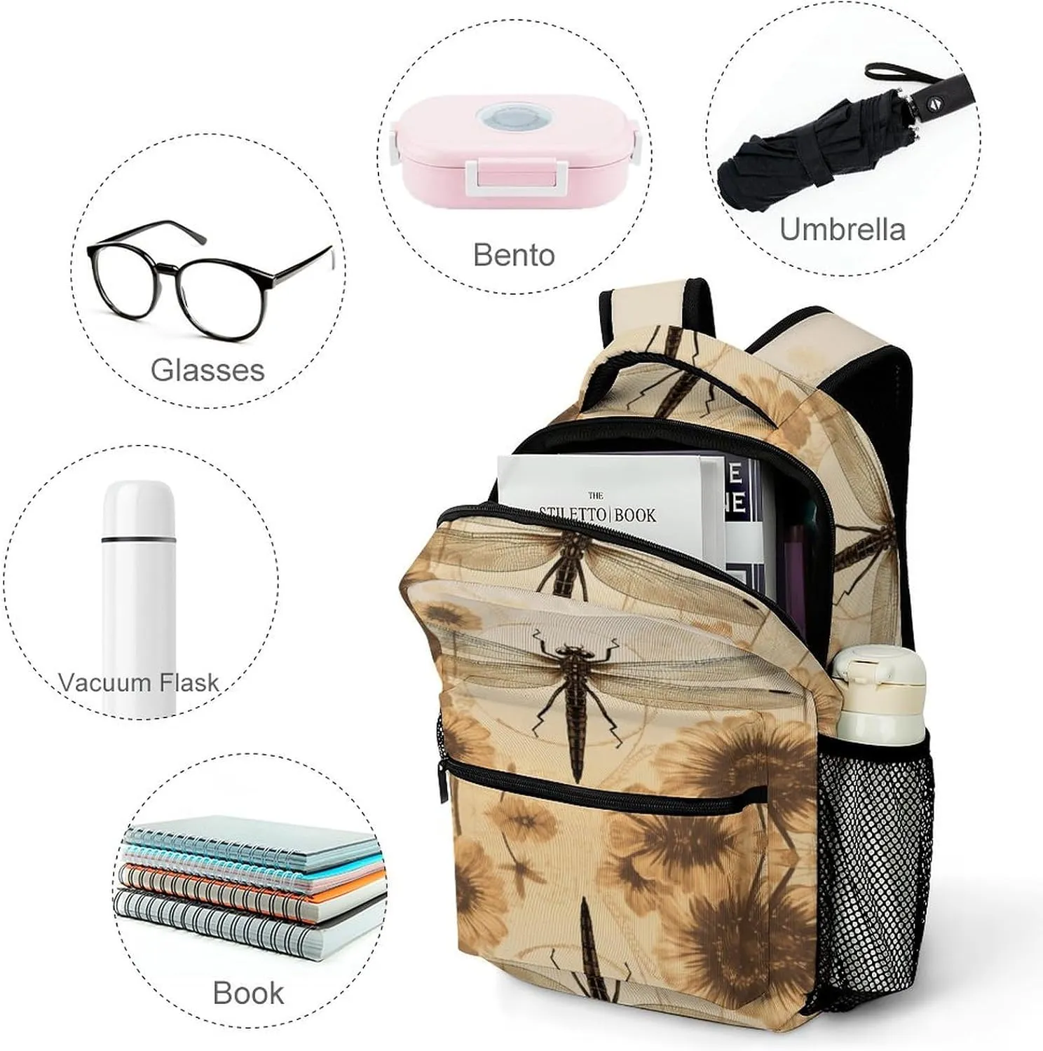 Small Backpacks Personalized Dragonfly on Sunflower Printing Travel Bag Lightweight Travel Backpack For Women Men