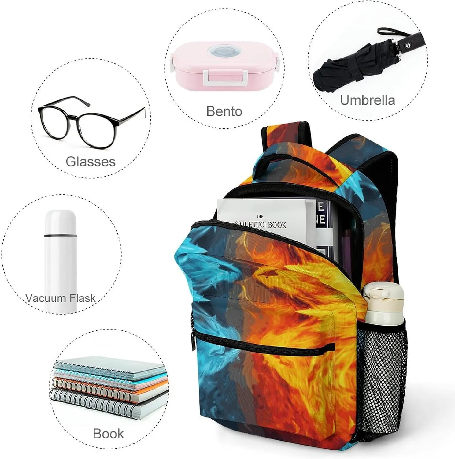 Small Backpacks Personalized Fire Vs Ice Art Printing Travel Bag Lightweight Travel Backpack For Women Men