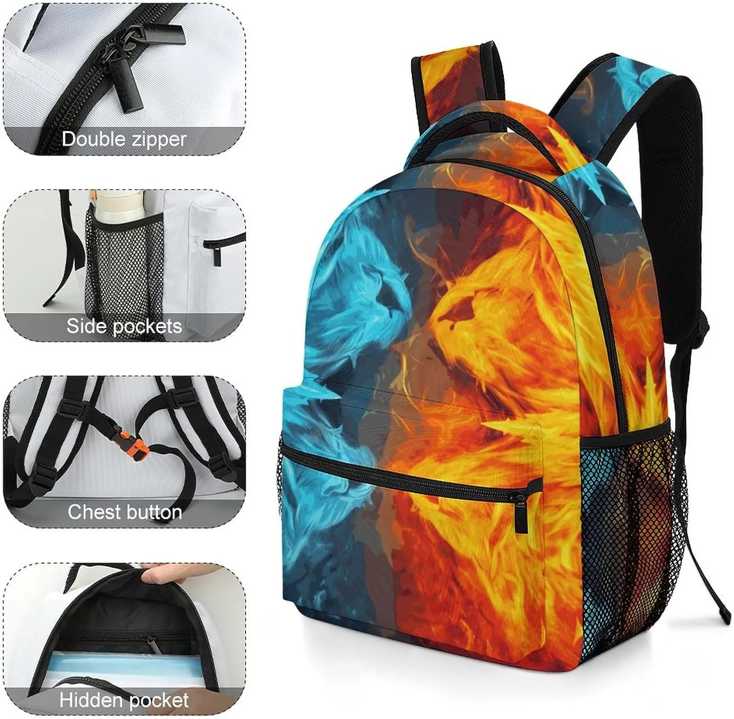 Small Backpacks Personalized Fire Vs Ice Art Printing Travel Bag Lightweight Travel Backpack For Women Men