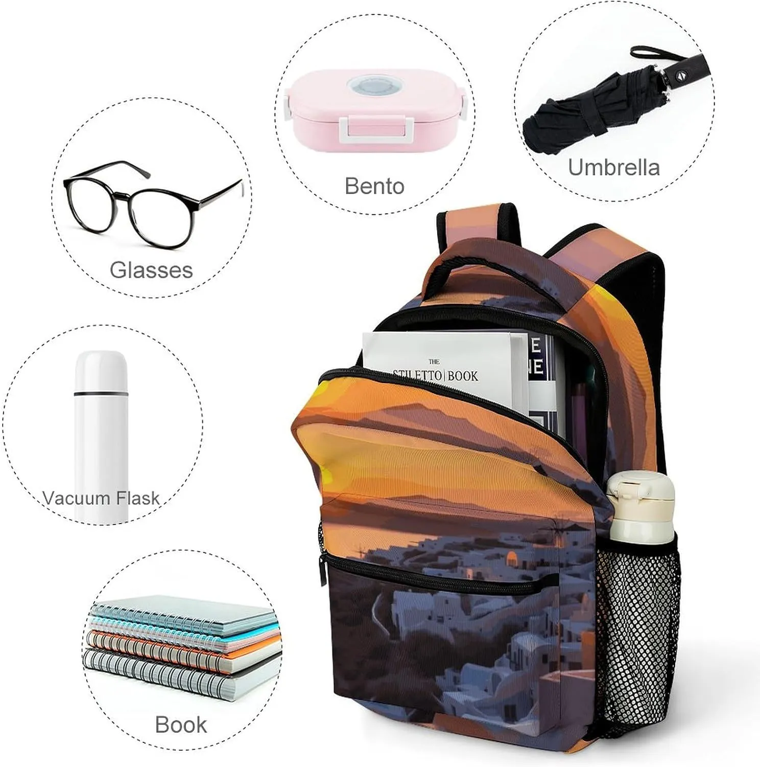 Small Backpacks Personalized Greece Island Landscape Printing Travel Bag Lightweight Travel Backpack For Women Men