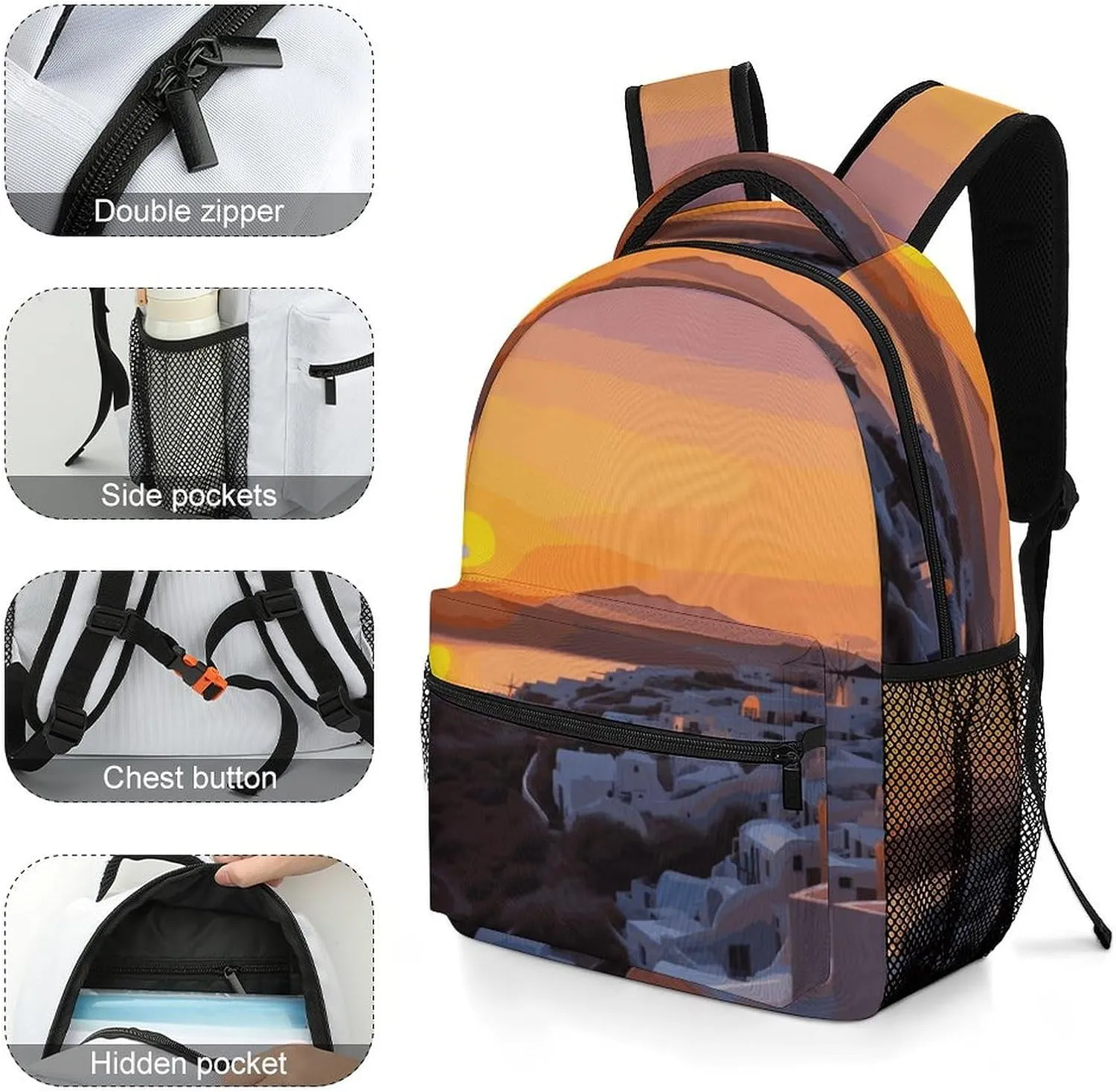 Small Backpacks Personalized Greece Island Landscape Printing Travel Bag Lightweight Travel Backpack For Women Men