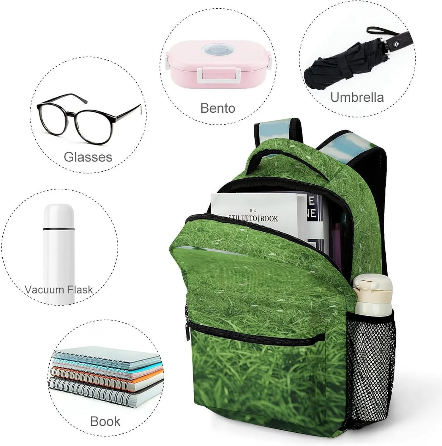 Small Backpacks Personalized Green Lawn Printing Travel Bag Lightweight Travel Backpack For Women Men