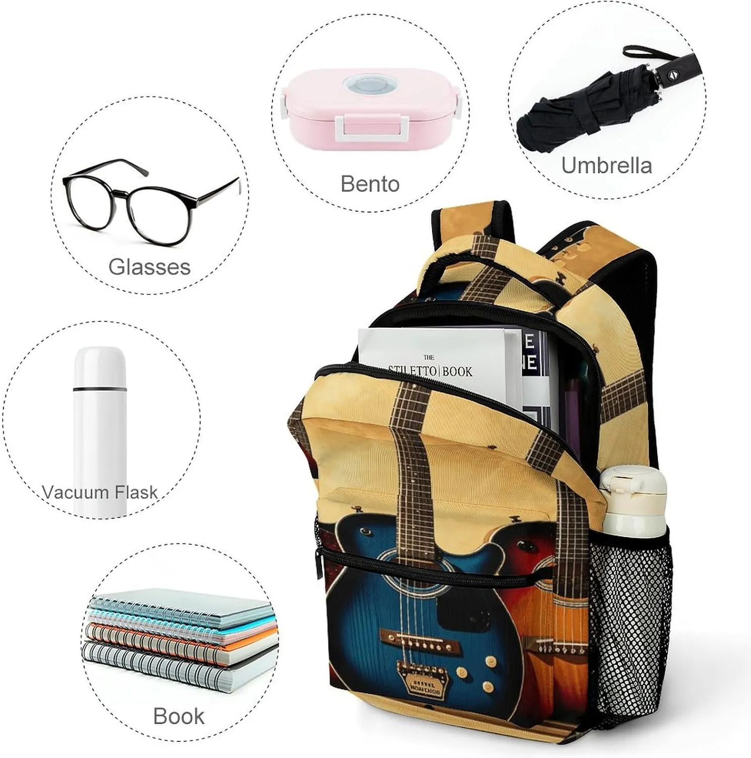 Small Backpacks Personalized Guitar Collection Printing Travel Bag Lightweight Travel Backpack For Women Men