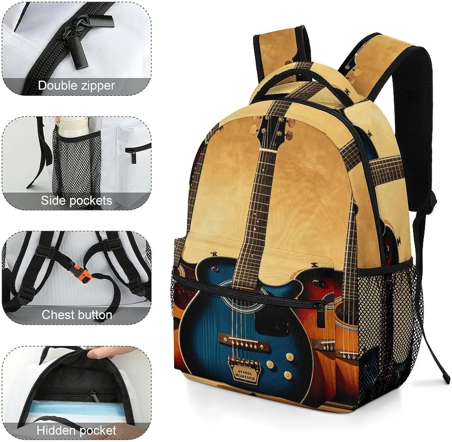 Small Backpacks Personalized Guitar Collection Printing Travel Bag Lightweight Travel Backpack For Women Men