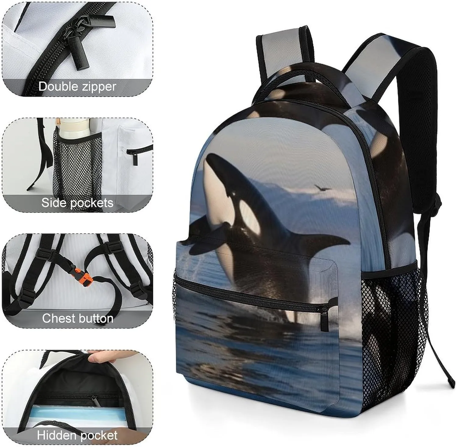 Small Backpacks Personalized Killer Whale Printing Travel Bag Lightweight Travel Backpack For Women Men