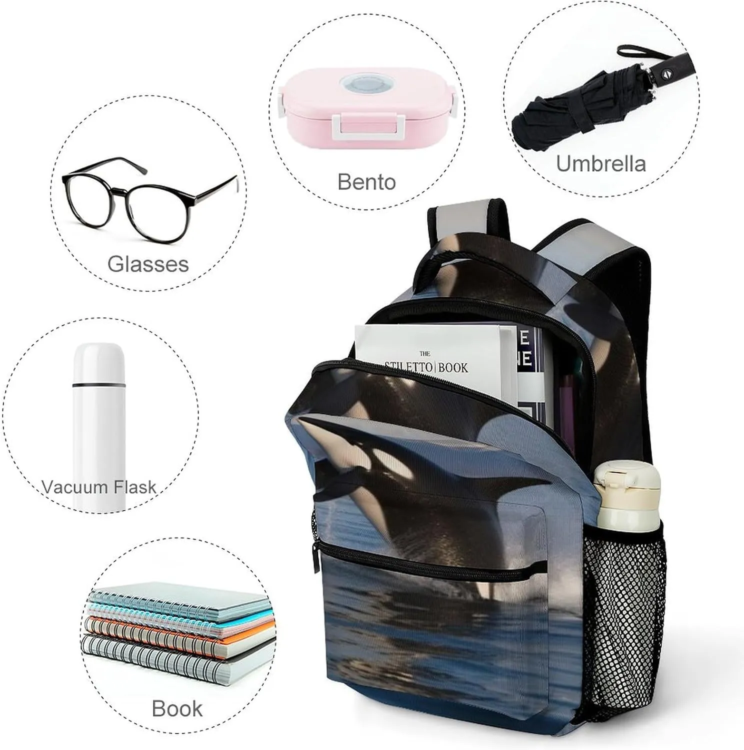 Small Backpacks Personalized Killer Whale Printing Travel Bag Lightweight Travel Backpack For Women Men