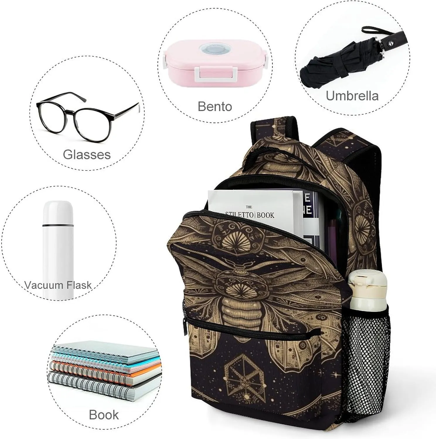 Small Backpacks Personalized Moth Printing Travel Bag Lightweight Travel Backpack For Women Men