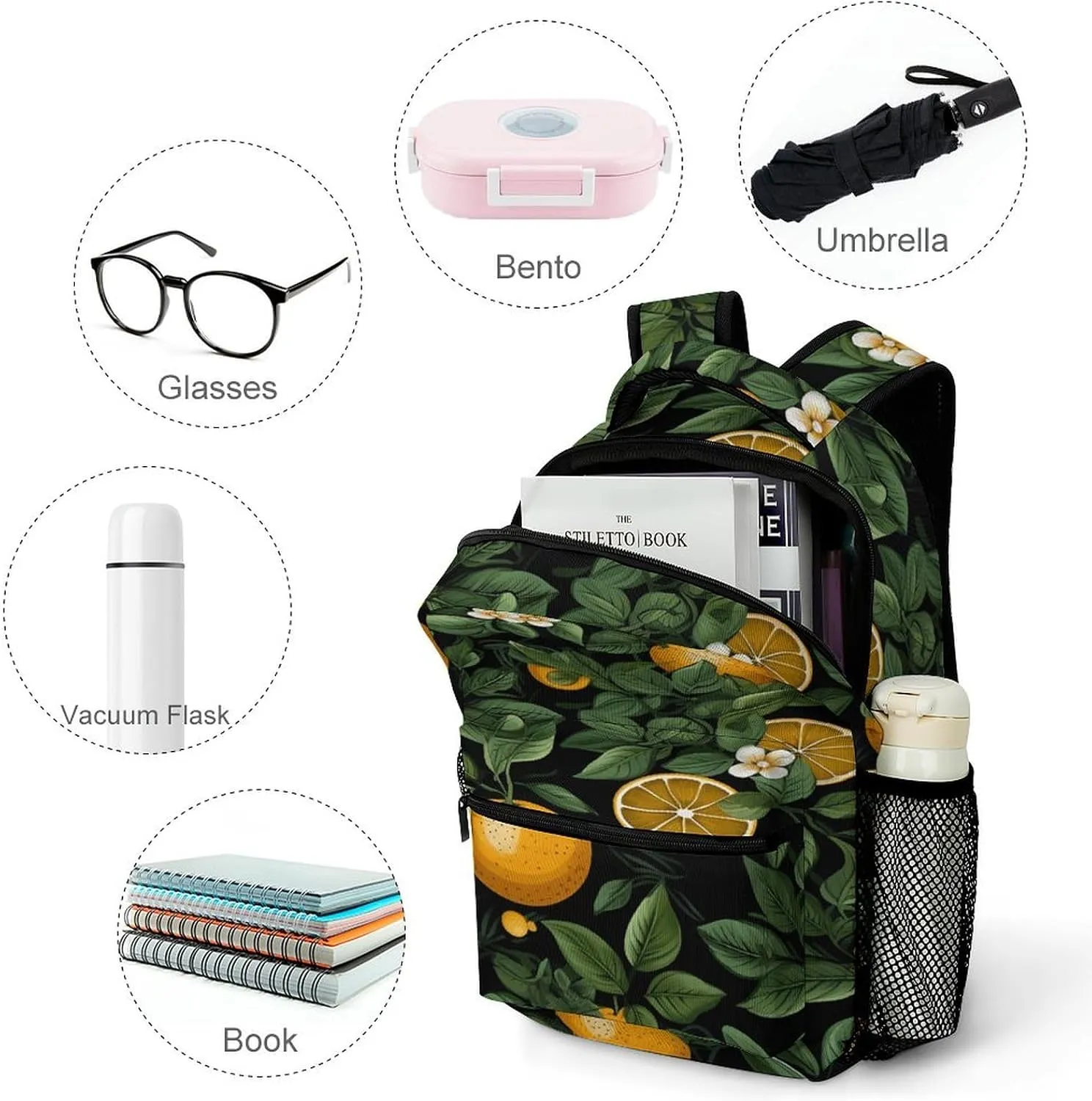 Small Backpacks Personalized Oranges And Leaves Printing Travel Bag Lightweight Travel Backpack For Women Men