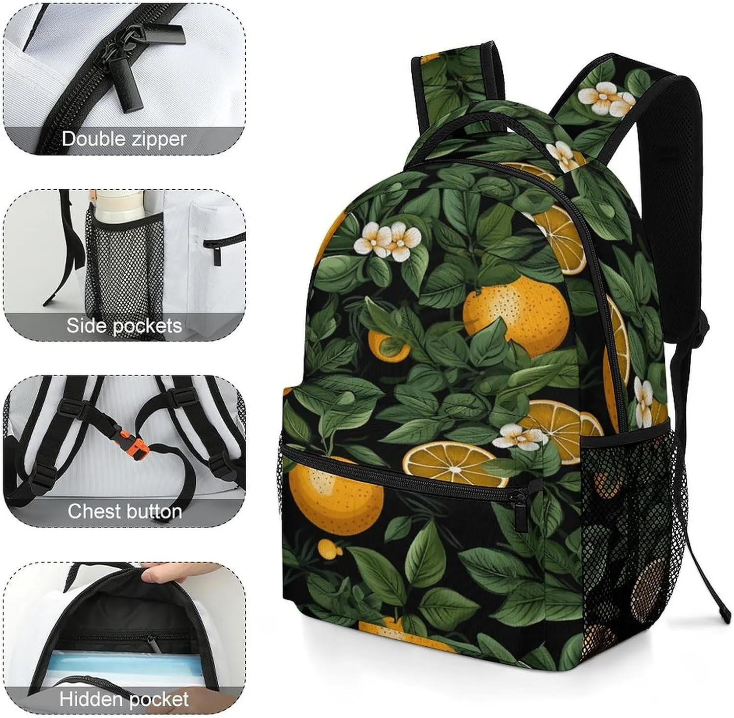 Small Backpacks Personalized Oranges And Leaves Printing Travel Bag Lightweight Travel Backpack For Women Men