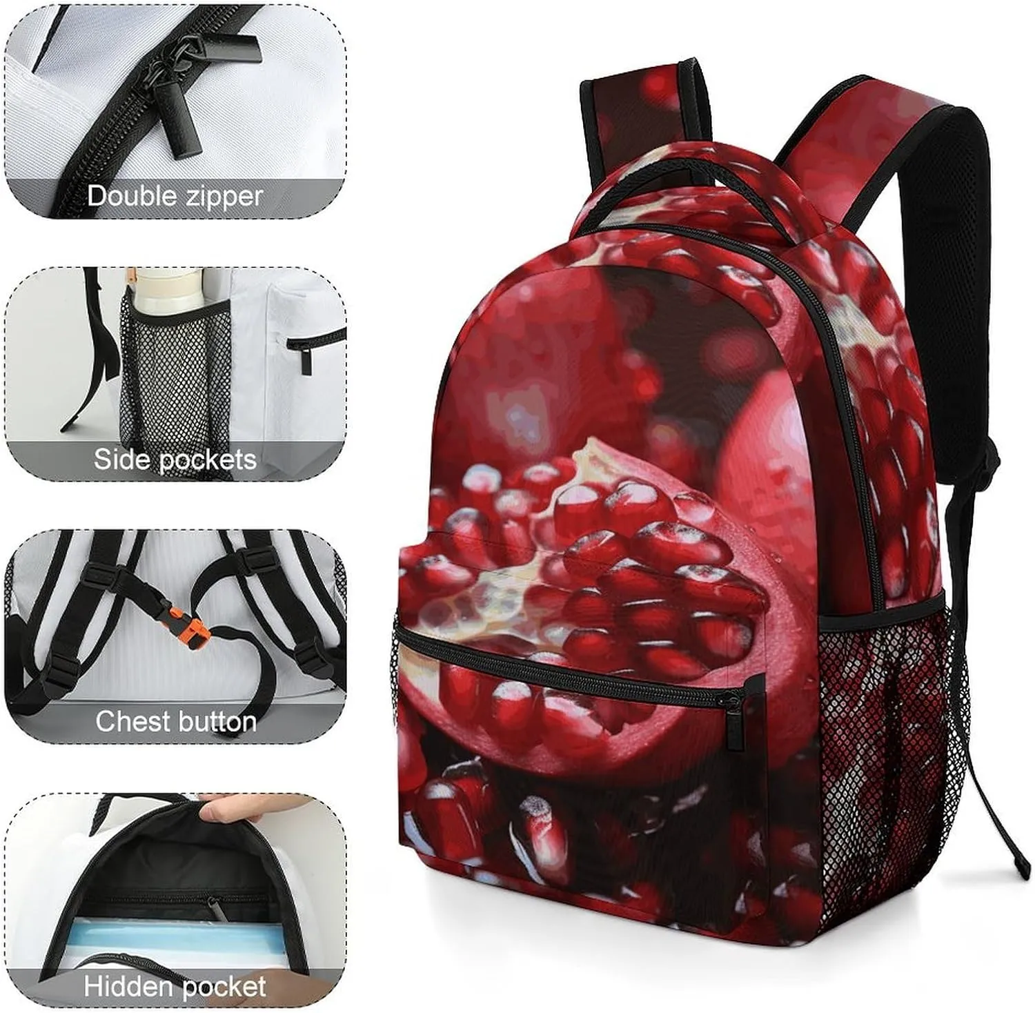 Small Backpacks Personalized Pomegranate Fruit Printing Travel Bag Lightweight Travel Backpack For Women Men