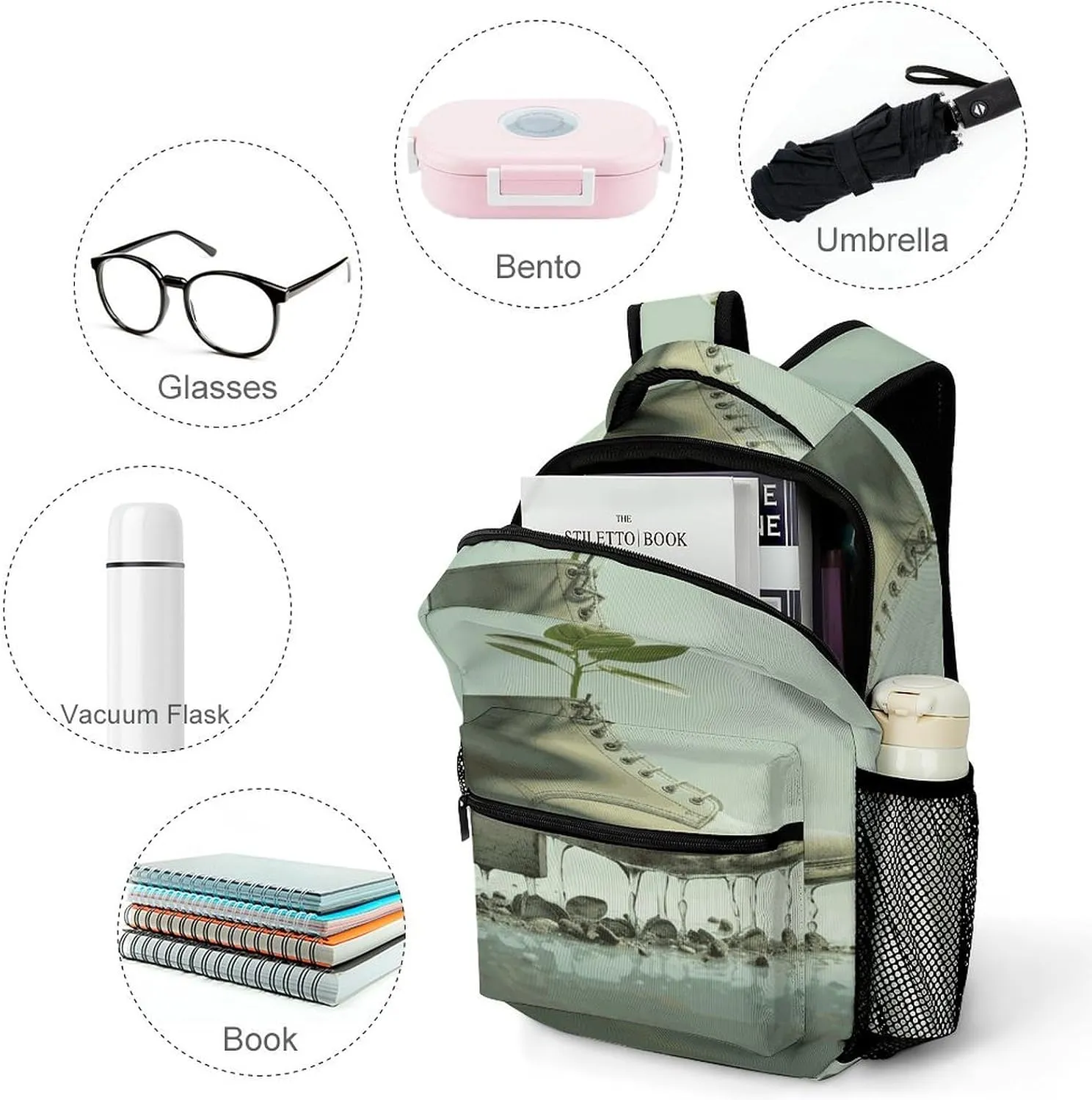 Small Backpacks Personalized Shoes And Green Buds Printing Travel Bag Lightweight Travel Backpack For Women Men