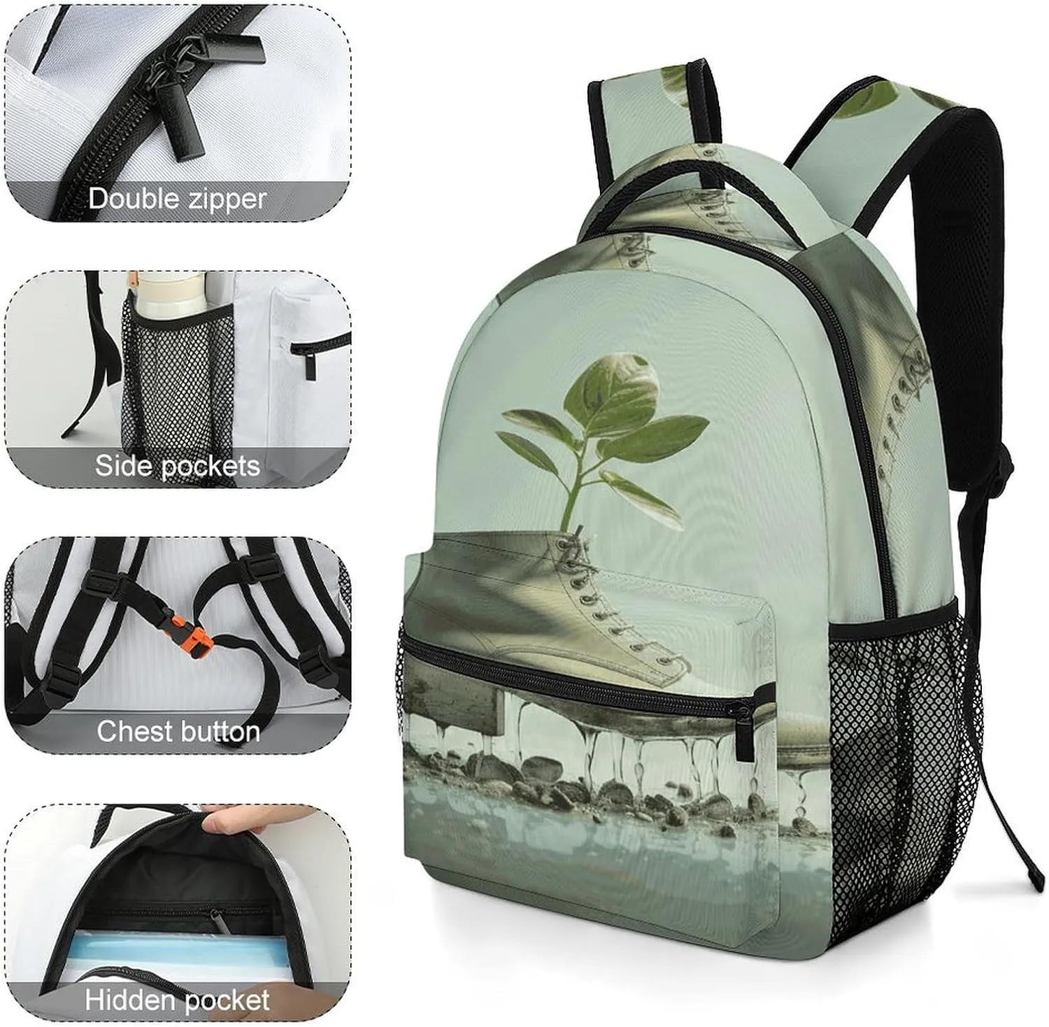 Small Backpacks Personalized Shoes And Green Buds Printing Travel Bag Lightweight Travel Backpack For Women Men