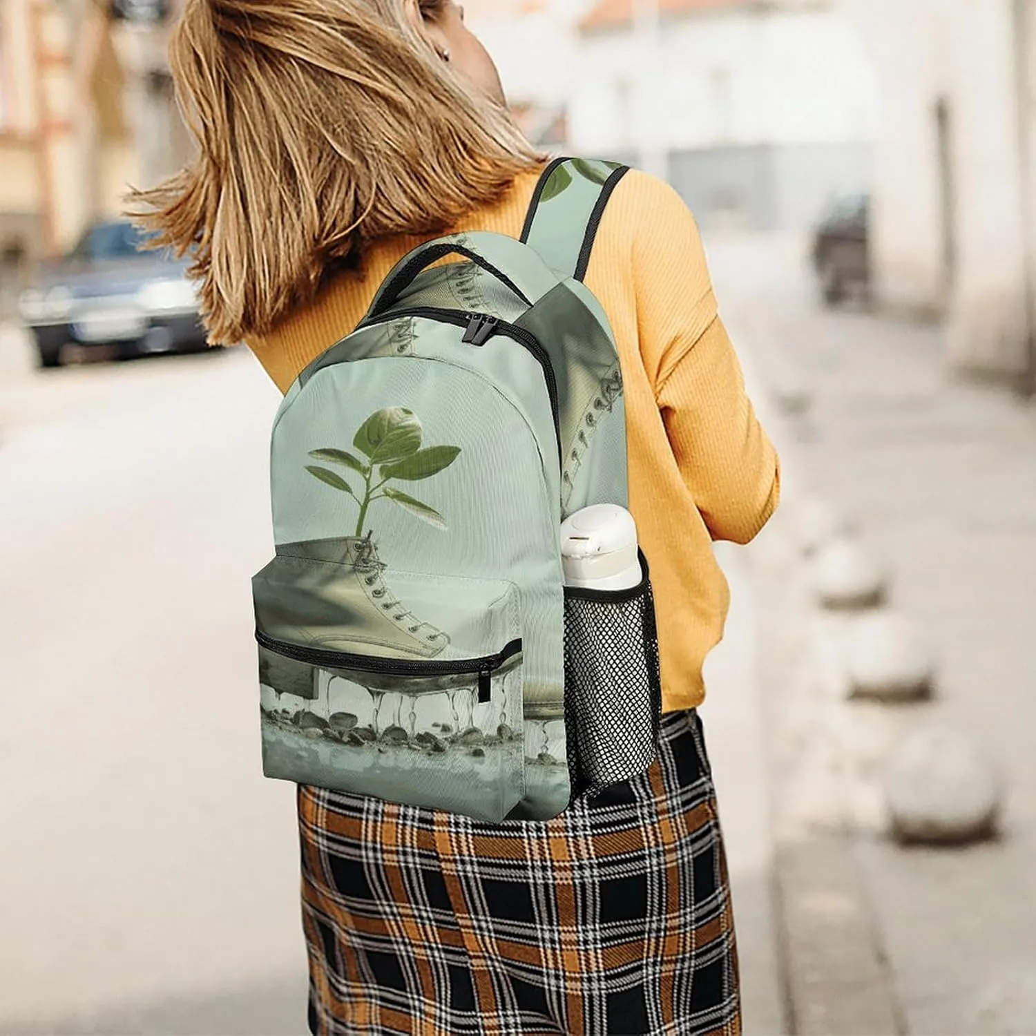 Small Backpacks Personalized Shoes And Green Buds Printing Travel Bag Lightweight Travel Backpack For Women Men