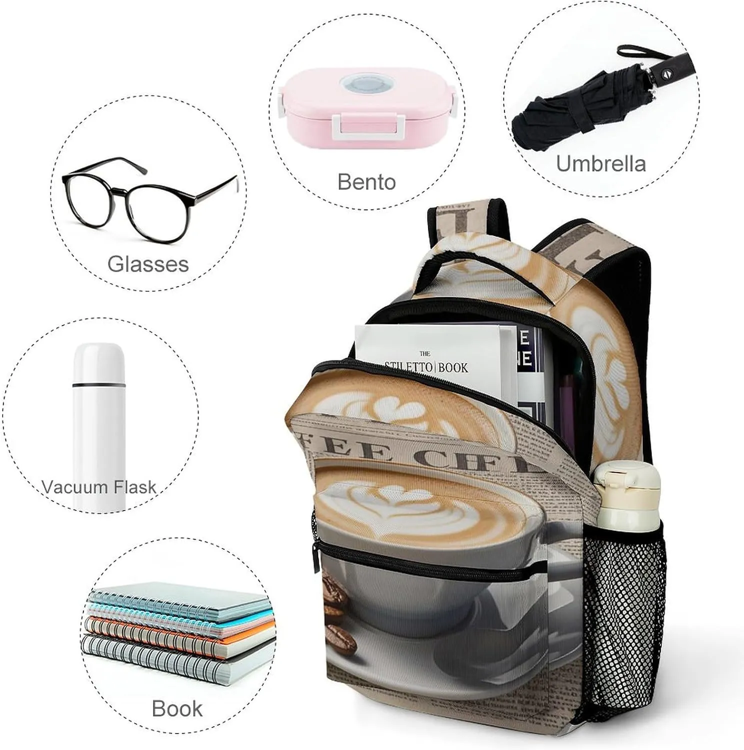 Small Backpacks Personalized Vintage Coffee Printing Travel Bag Lightweight Travel Backpack For Women Men