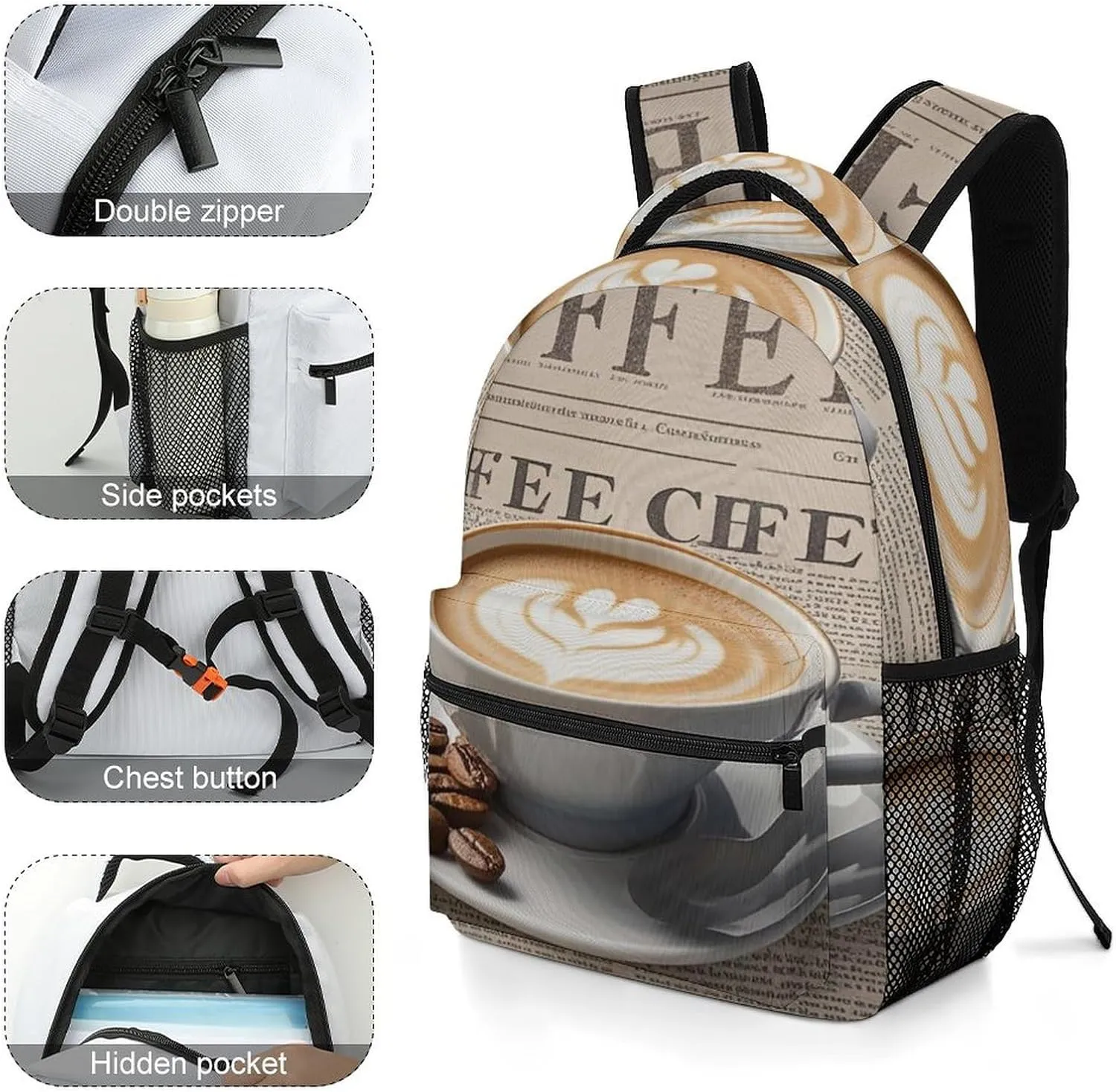 Small Backpacks Personalized Vintage Coffee Printing Travel Bag Lightweight Travel Backpack For Women Men