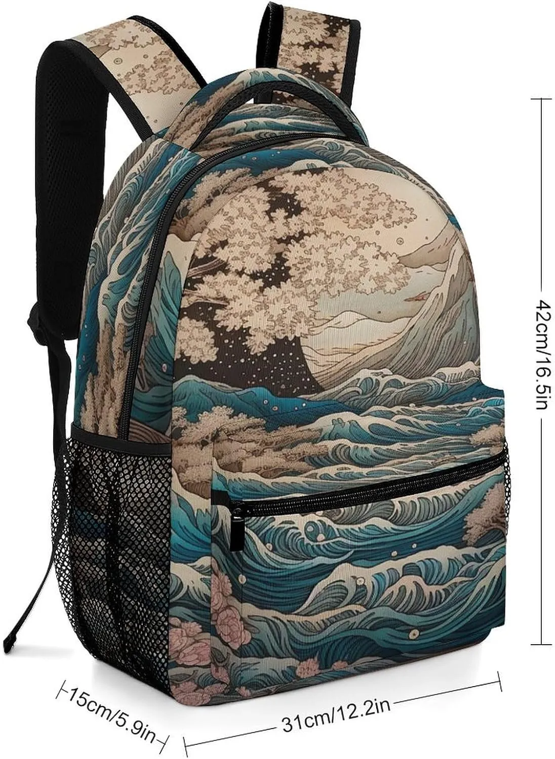 Small Backpacks Personalized Waves And Cherry Blossoms Printing Travel Bag Lightweight Travel Backpack For Women Men