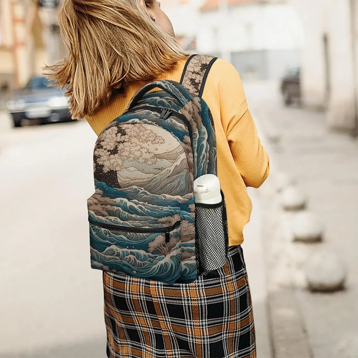 Small Backpacks Personalized Waves And Cherry Blossoms Printing Travel Bag Lightweight Travel Backpack For Women Men