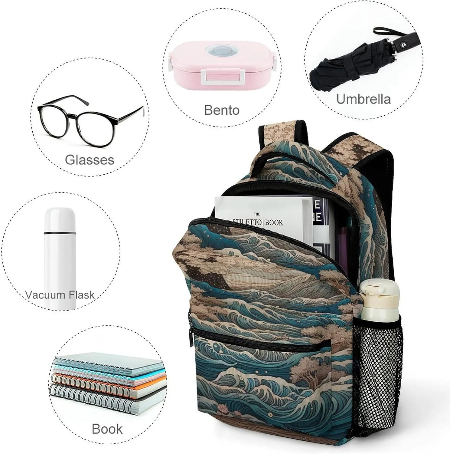 Small Backpacks Personalized Waves And Cherry Blossoms Printing Travel Bag Lightweight Travel Backpack For Women Men