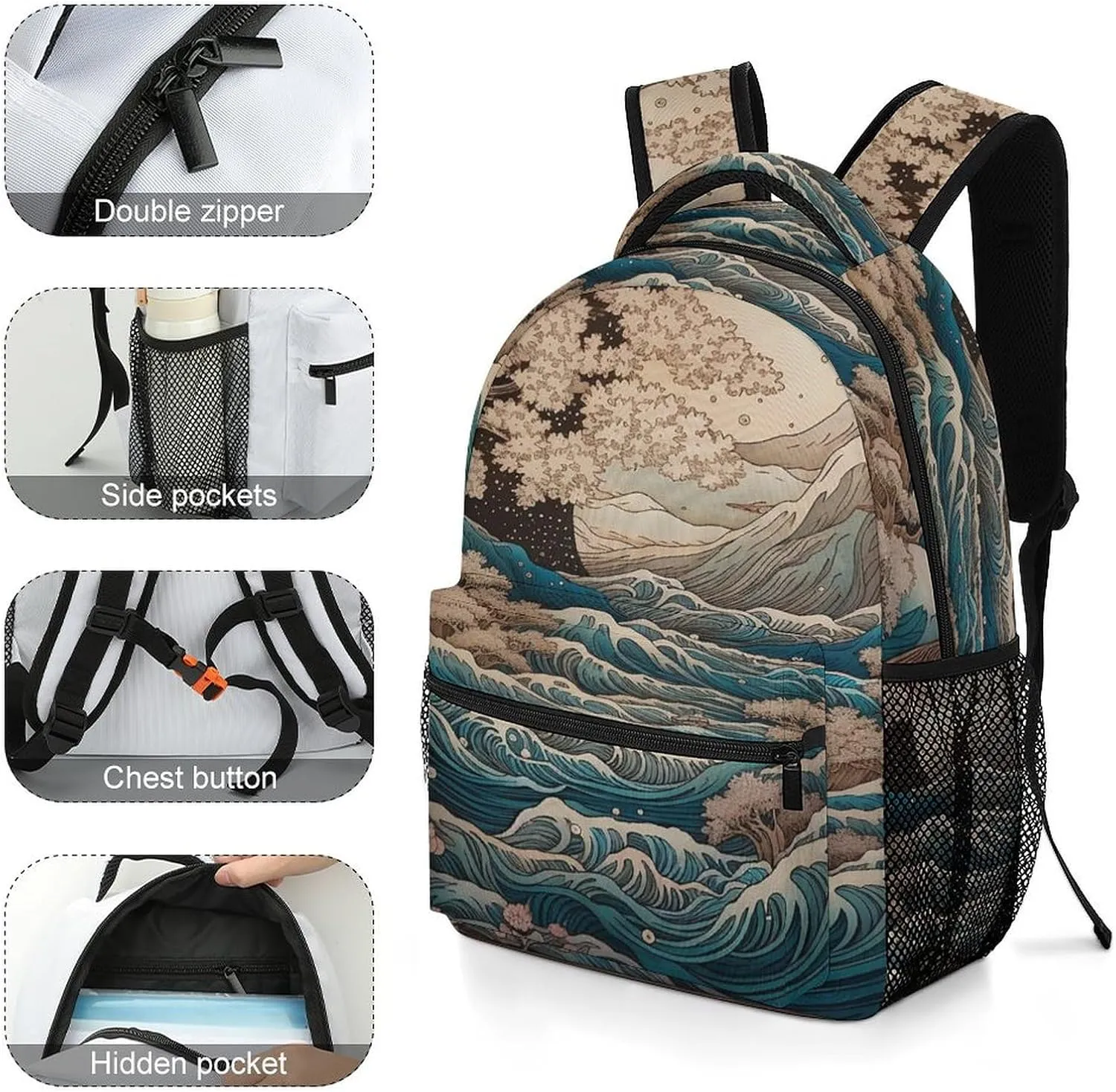 Small Backpacks Personalized Waves And Cherry Blossoms Printing Travel Bag Lightweight Travel Backpack For Women Men
