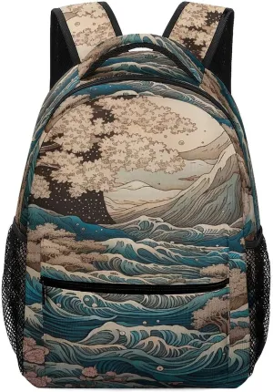 Small Backpacks Personalized Waves And Cherry Blossoms Printing Travel Bag Lightweight Travel Backpack For Women Men