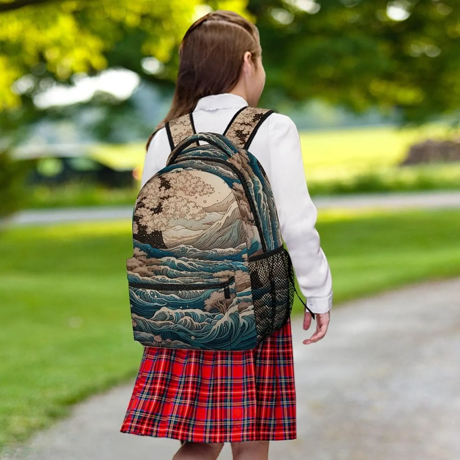 Small Backpacks Personalized Waves And Cherry Blossoms Printing Travel Bag Lightweight Travel Backpack For Women Men