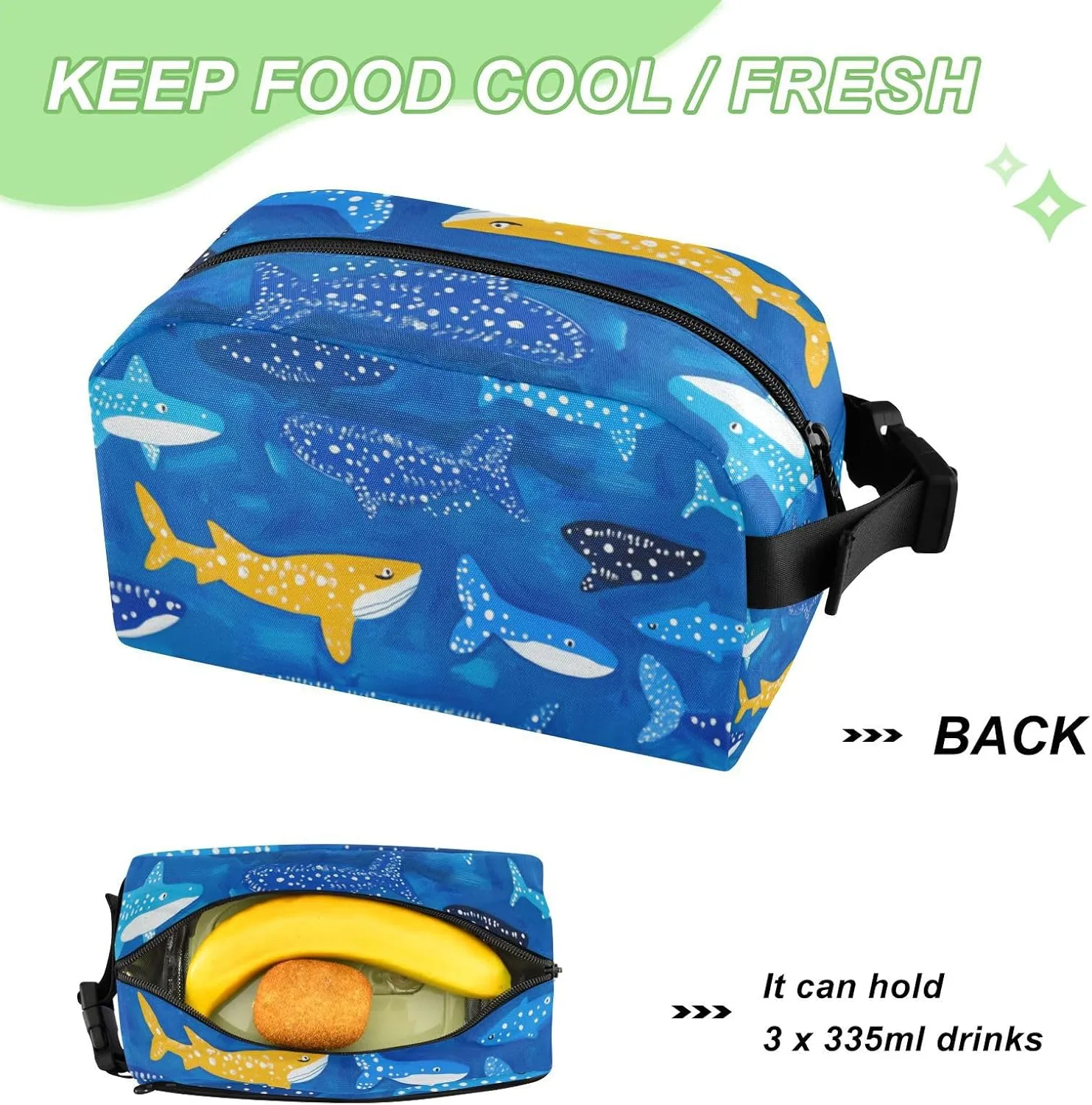 Small Lunch Box for Women Men Kids Small Insulated Lunch Snack Bag Leakproof Cooler Tote Bag for Work Travel Picnic Whale Sharks Naive Art