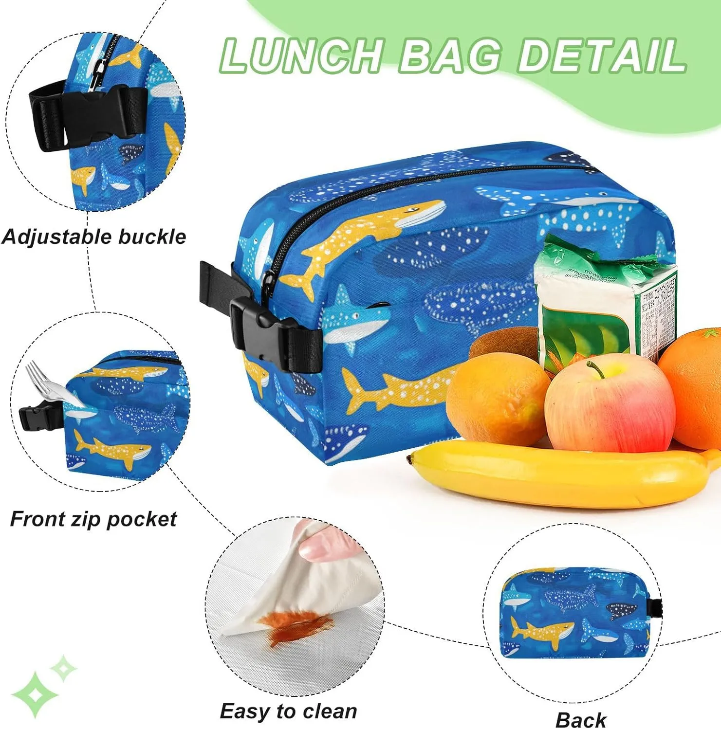 Small Lunch Box for Women Men Kids Small Insulated Lunch Snack Bag Leakproof Cooler Tote Bag for Work Travel Picnic Whale Sharks Naive Art