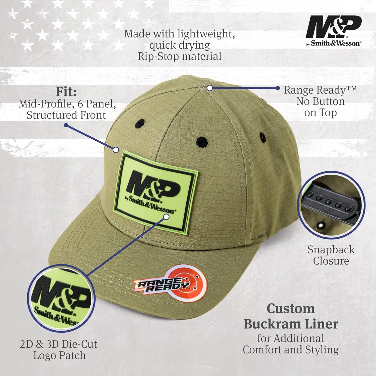 Smith & Wesson M&P Officially Licensed Men's Ripstop & Cotton Caps, Adjustable Snapback or Hook & Loop Baseball Cap