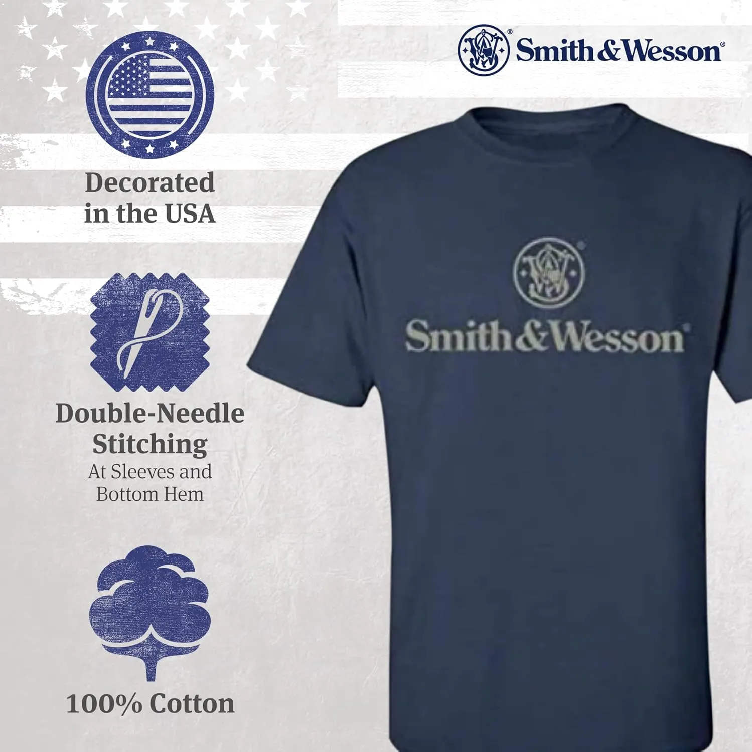 Smith & Wesson Officially Licensed Men's T-Shirt, S&W Circle American Flag, Digital Camo & Filigree Filled Logo Tee