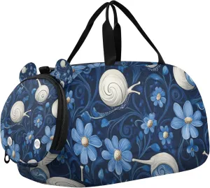 Snails Flowers Blue Sports Duffle Bag for Teens Girls Boys, Gym Bag with Shoe Compartment, Kids Travel Overnight Weekender Shoulder Bag
