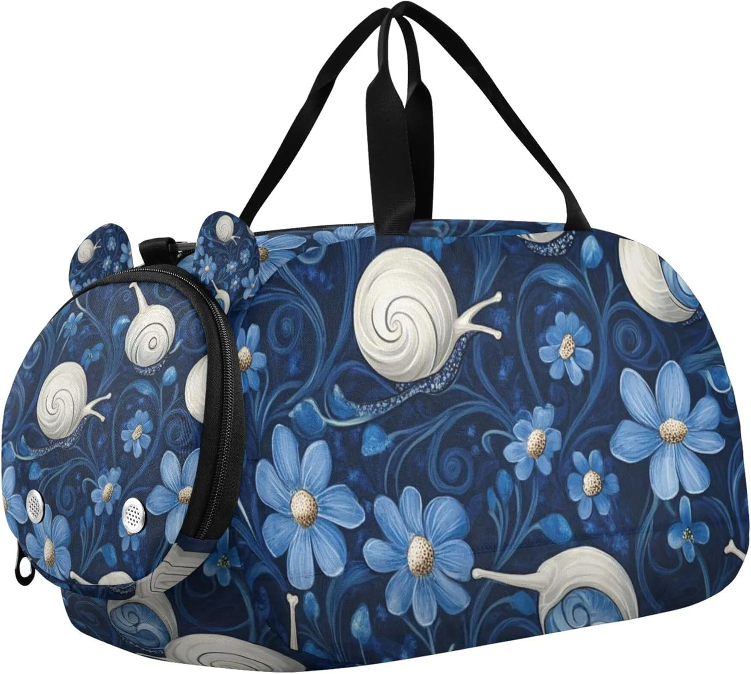 Snails Flowers Blue Sports Duffle Bag for Teens Girls Boys, Gym Bag with Shoe Compartment, Kids Travel Overnight Weekender Shoulder Bag