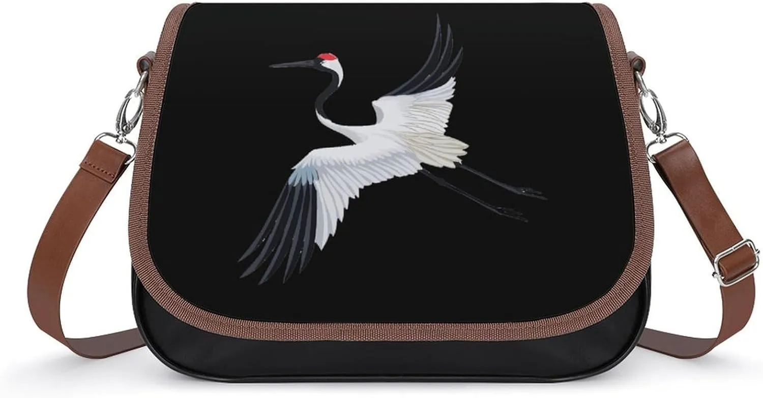 Snowy Crane Bird Messenger Bag for Women PU Leather Crossbody Bags Shoulder Handbags Purse
