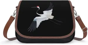 Snowy Crane Bird Messenger Bag for Women PU Leather Crossbody Bags Shoulder Handbags Purse