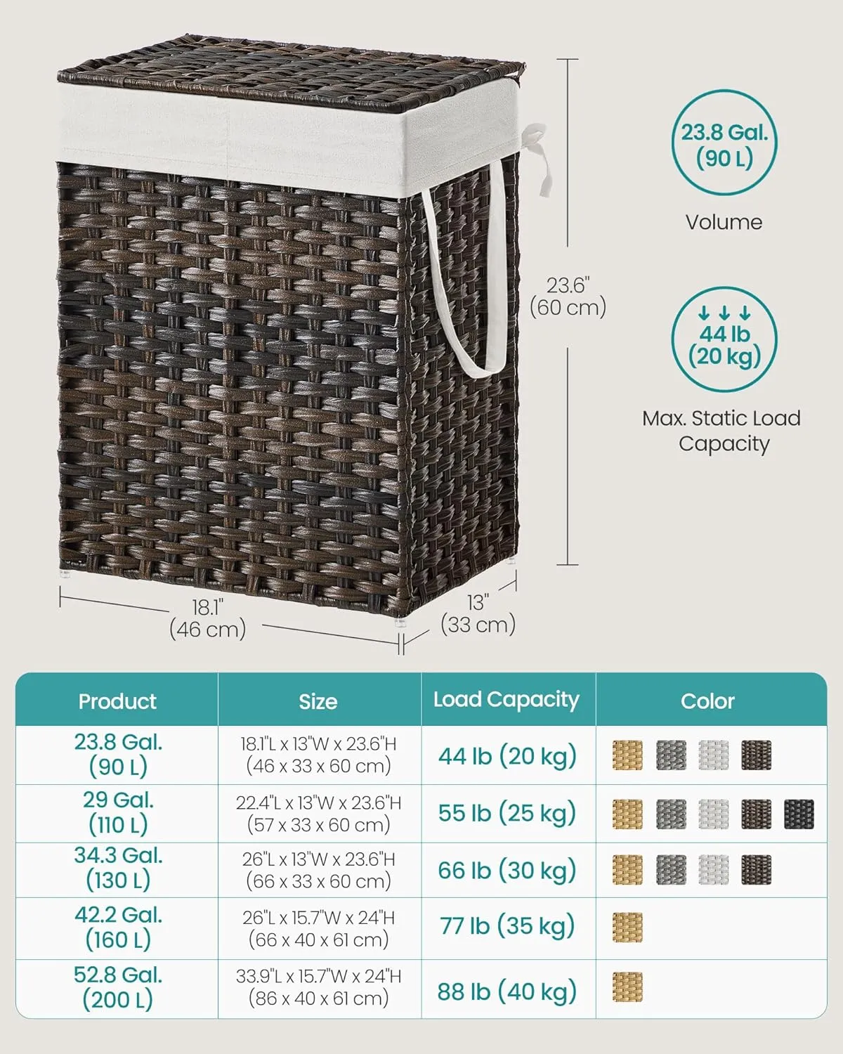 SONGMICS Laundry Hamper with Lid, 90L Clothes Hamper with 2 Removable Liner Bags, 6 Mesh Bags, Wicker Laundry Basket, Double Laundry Hamper for Bathroom, 13 x 18.1 x 23.6 Inches, Brown ULCB251K01V1