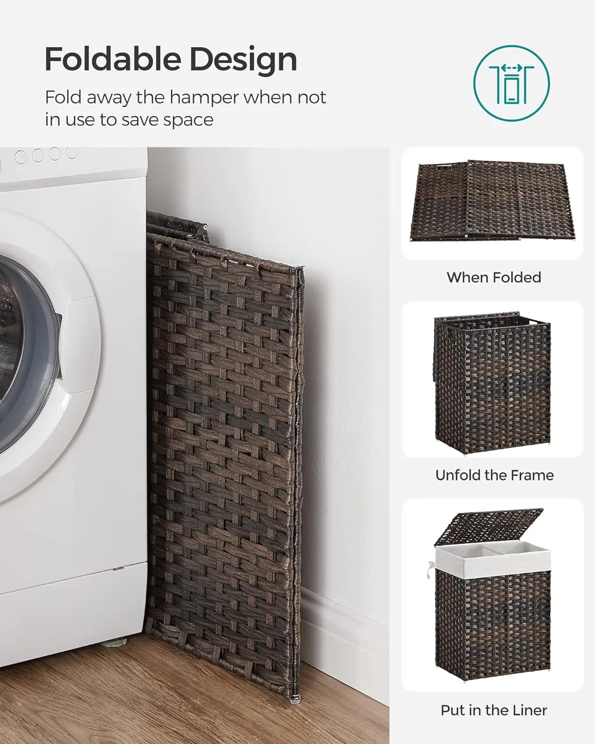 SONGMICS Laundry Hamper with Lid, 90L Clothes Hamper with 2 Removable Liner Bags, 6 Mesh Bags, Wicker Laundry Basket, Double Laundry Hamper for Bathroom, 13 x 18.1 x 23.6 Inches, Brown ULCB251K01V1