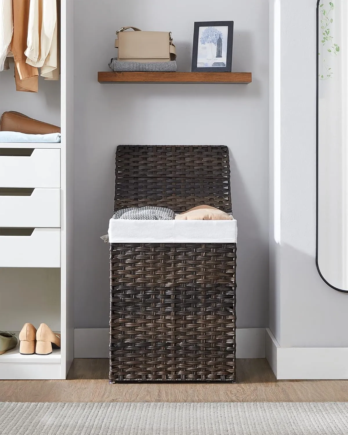 SONGMICS Laundry Hamper with Lid, 90L Clothes Hamper with 2 Removable Liner Bags, 6 Mesh Bags, Wicker Laundry Basket, Double Laundry Hamper for Bathroom, 13 x 18.1 x 23.6 Inches, Brown ULCB251K01V1