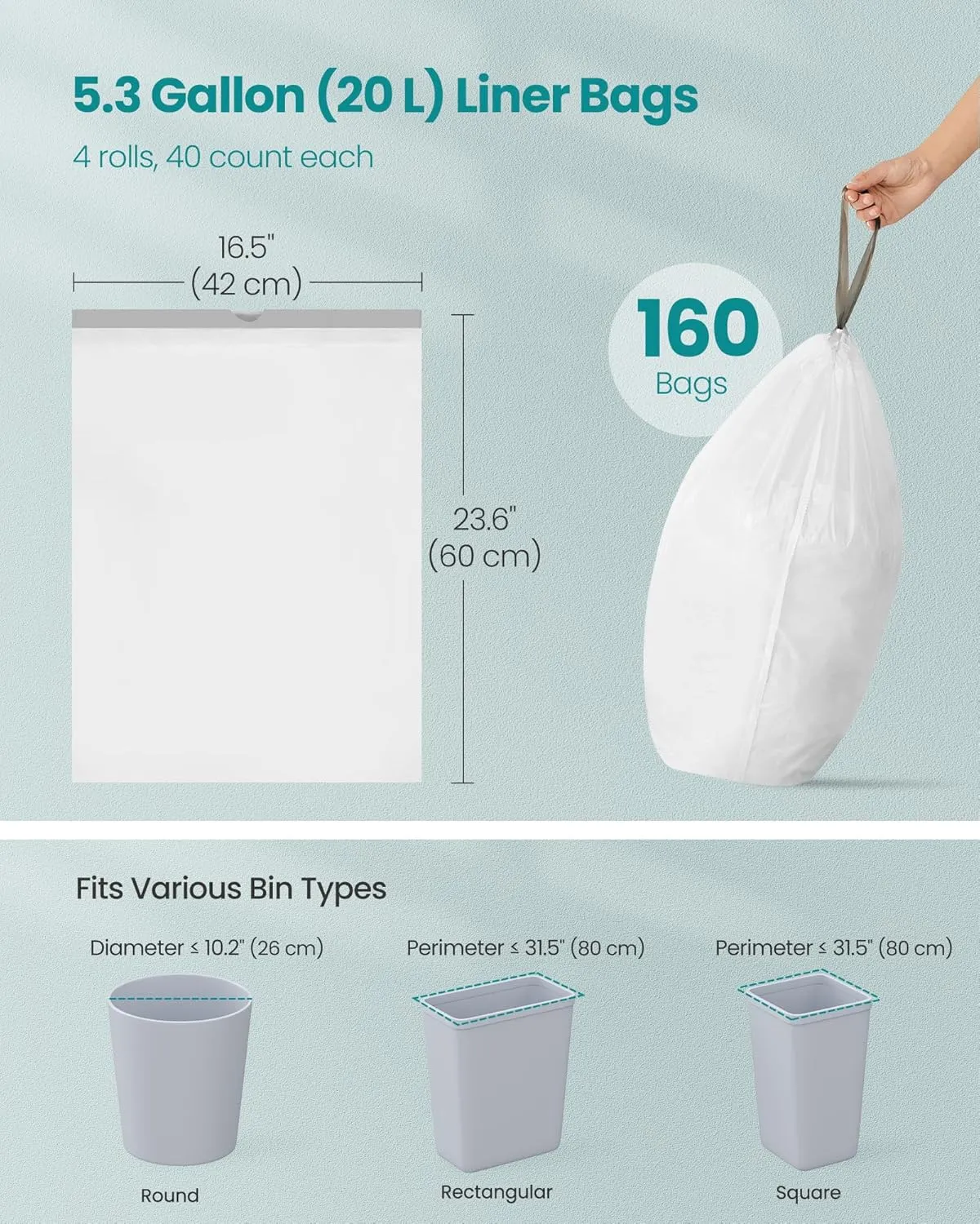 SONGMICS Trash Bags, 5.3-Gallon Heavy-Duty Garbage Bags with Drawstrings, 160 Count, Liner Code L, Quick-Dispense Box, Cream White UKRB021A04