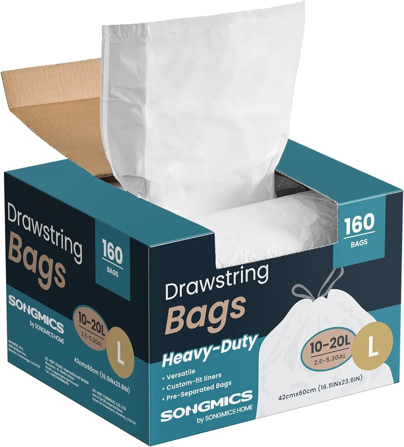 SONGMICS Trash Bags, 5.3-Gallon Heavy-Duty Garbage Bags with Drawstrings, 160 Count, Liner Code L, Quick-Dispense Box, Cream White UKRB021A04