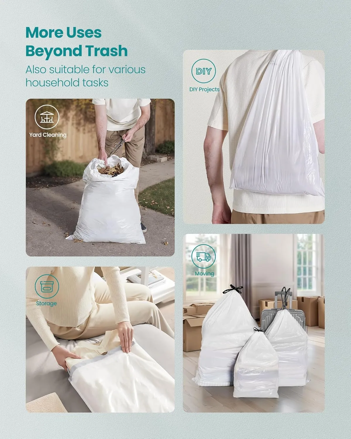 SONGMICS Trash Bags, 5.3-Gallon Heavy-Duty Garbage Bags with Drawstrings, 160 Count, Liner Code L, Quick-Dispense Box, Cream White UKRB021A04