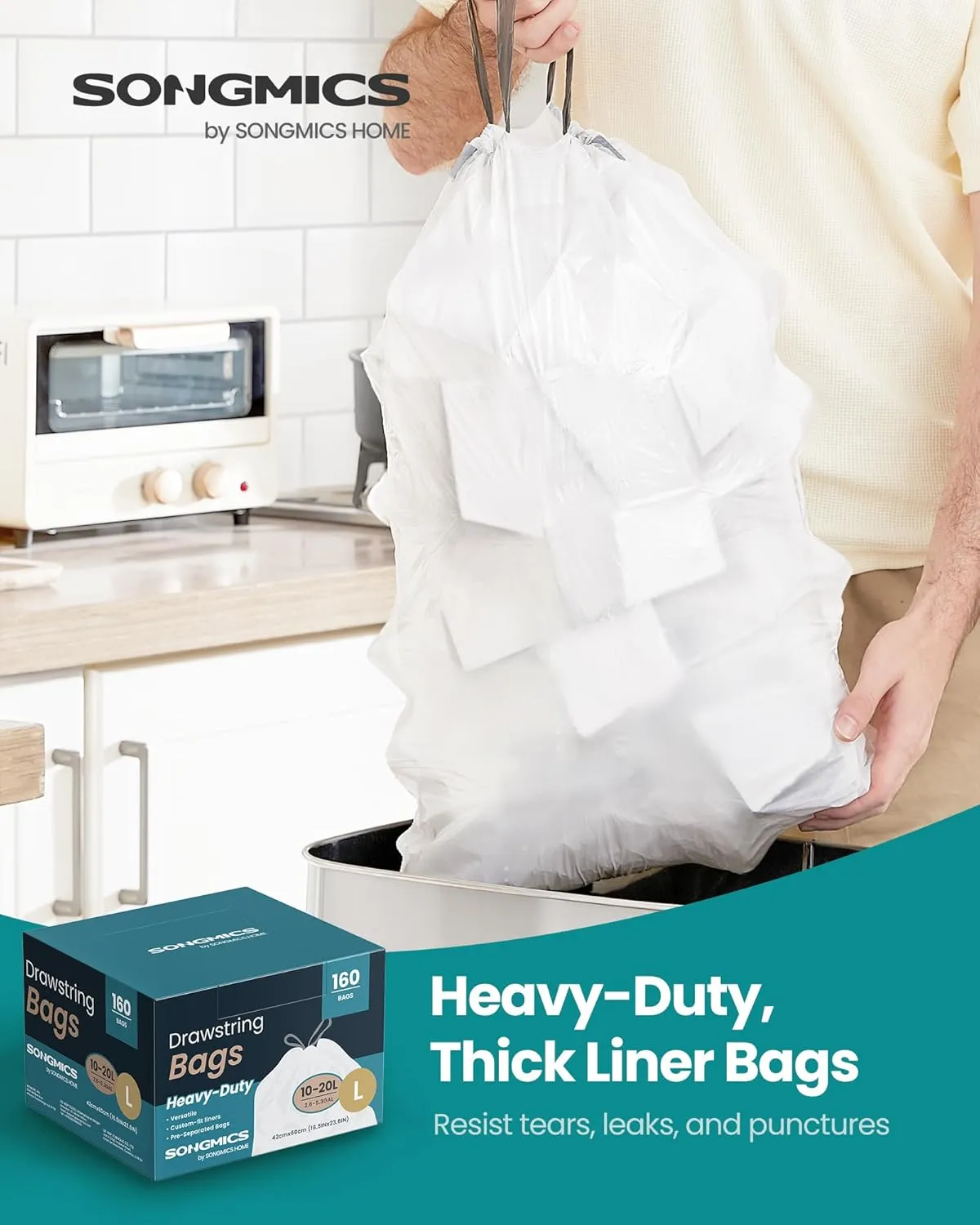 SONGMICS Trash Bags, 5.3-Gallon Heavy-Duty Garbage Bags with Drawstrings, 160 Count, Liner Code L, Quick-Dispense Box, Cream White UKRB021A04