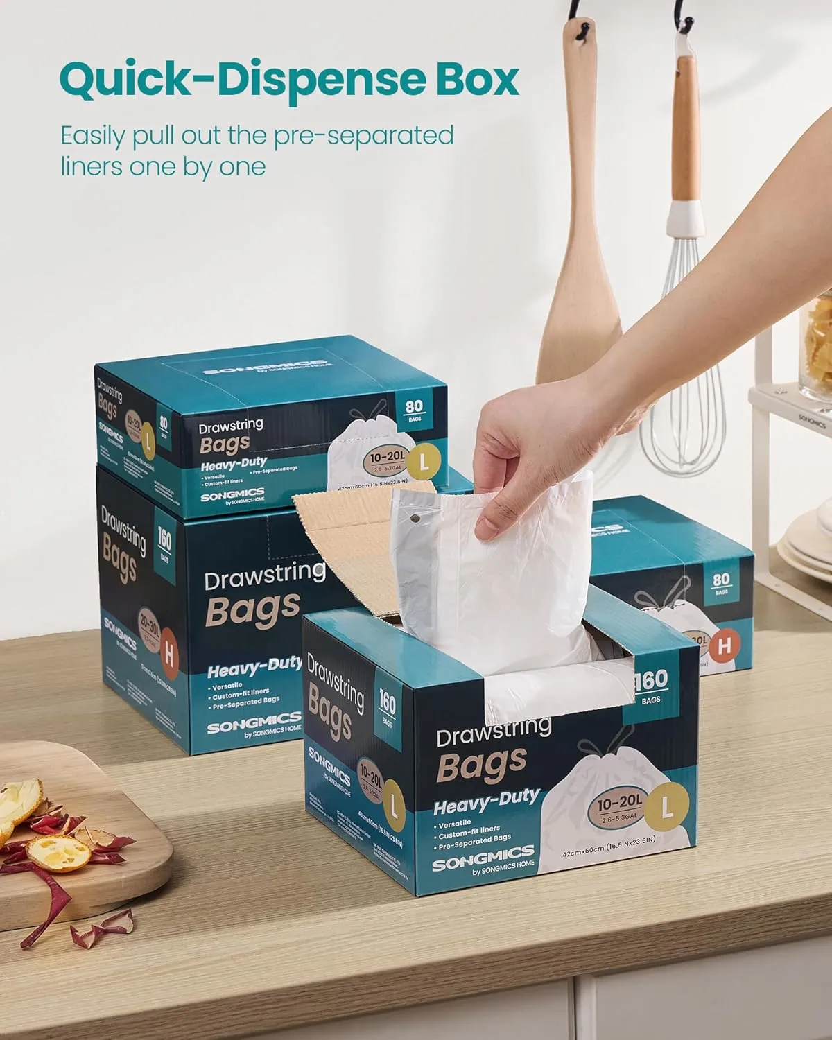 SONGMICS Trash Bags, 5.3-Gallon Heavy-Duty Garbage Bags with Drawstrings, 160 Count, Liner Code L, Quick-Dispense Box, Cream White UKRB021A04